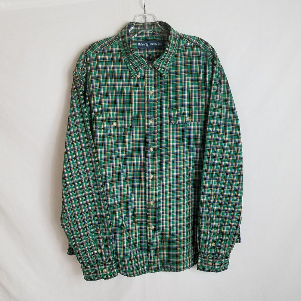 Polo Ralph Lauren Green‎ Plaid Button Front Long Sleeve Shirt Mens Size XL